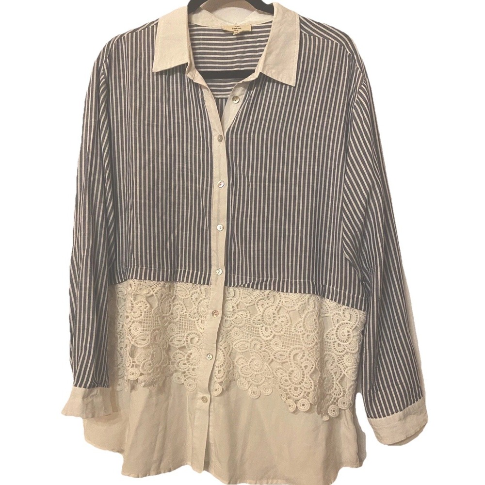 Oversized Boxy Fit Blue/white Striped Boho Shirt Sz L Lace Button Up Cozy Casual